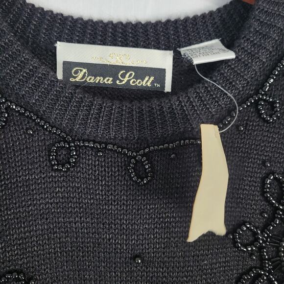 Vintage Beaded Crew Neck Pullover Sweater size S black 80s 90s ramie blend, New - Picture 5 of 8